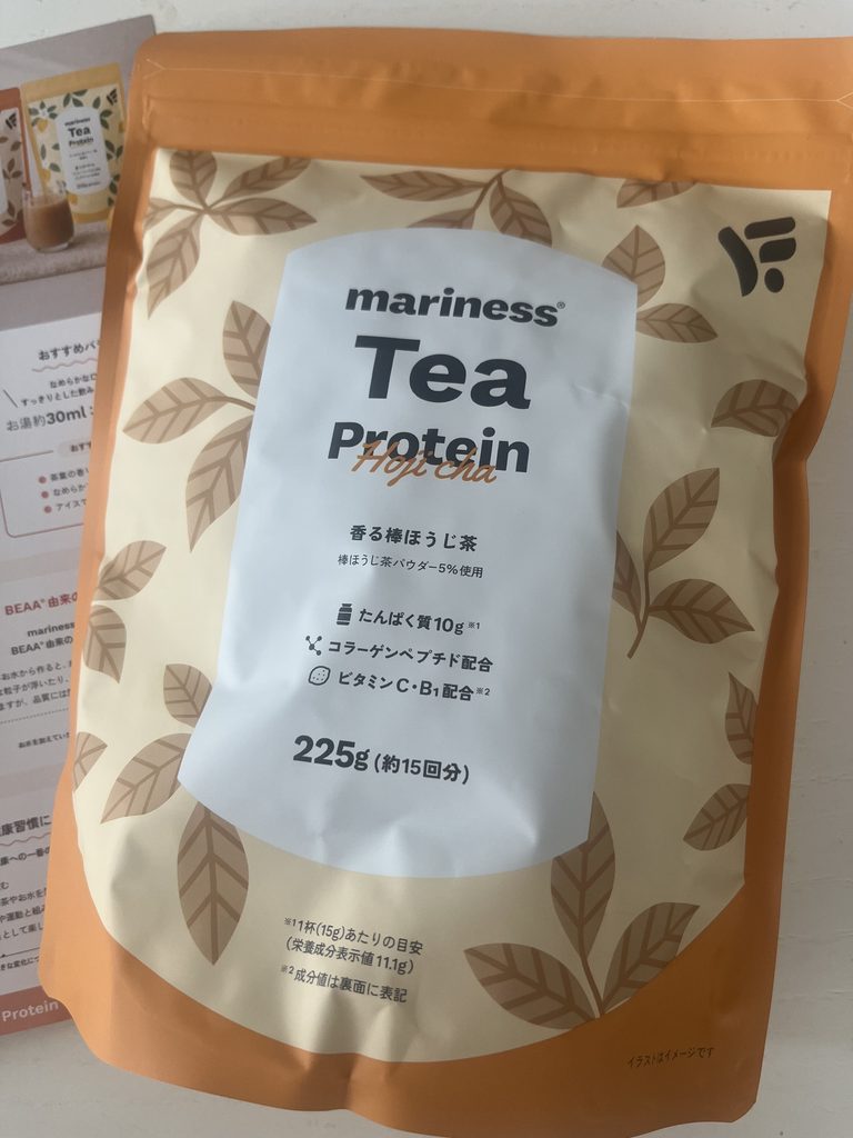 マリネスティープロテインほうじ茶味のパッケージ　パッケージは相変わらずかわいい